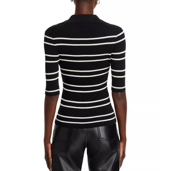 A.L.C. Cooper Top Black White Stripe Stretch Knit Polo Henley Zipper SZ S - Picture 3 of 7